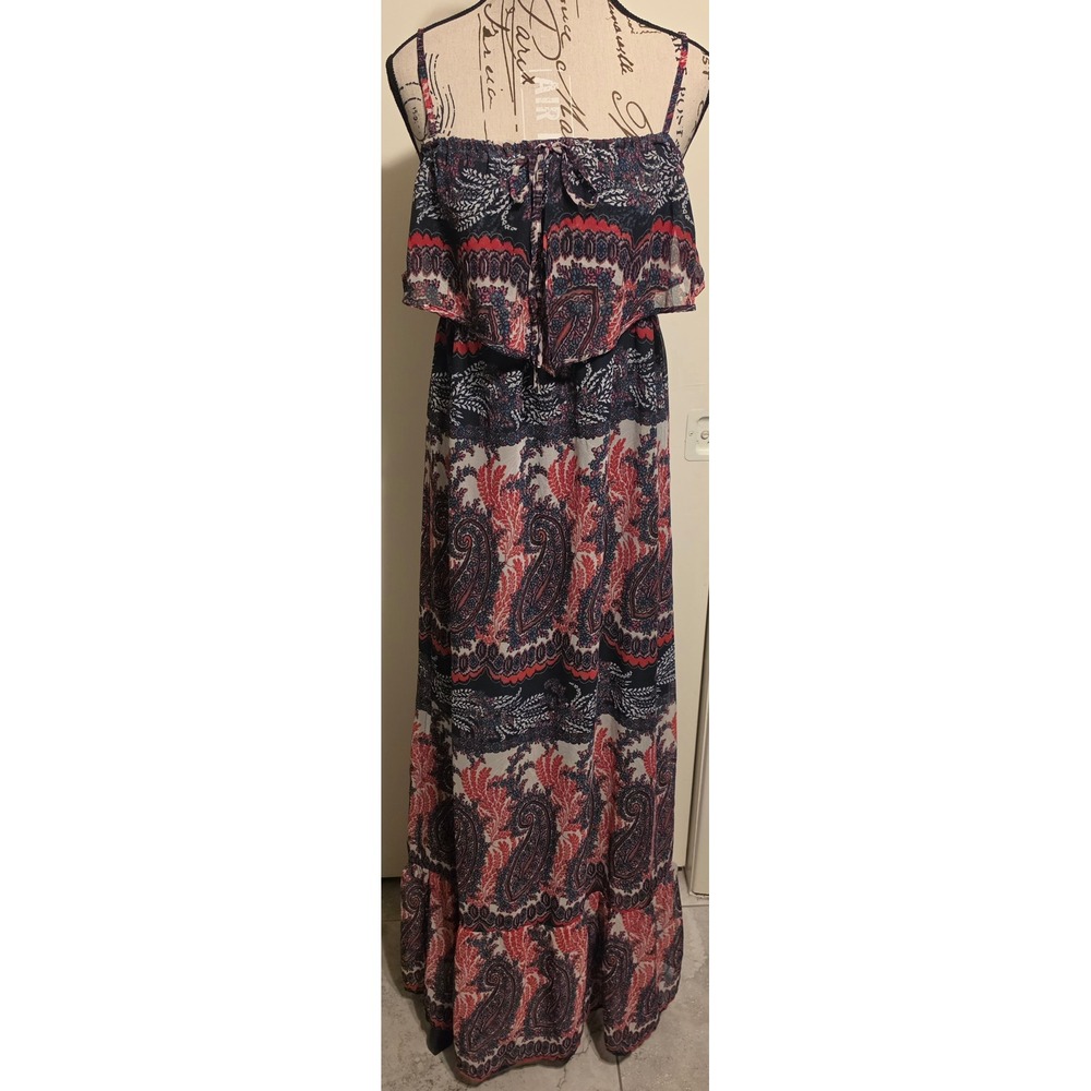 Roxy Women XL Paisley Ruffle Maxi Dress Navy Red Boho L470093